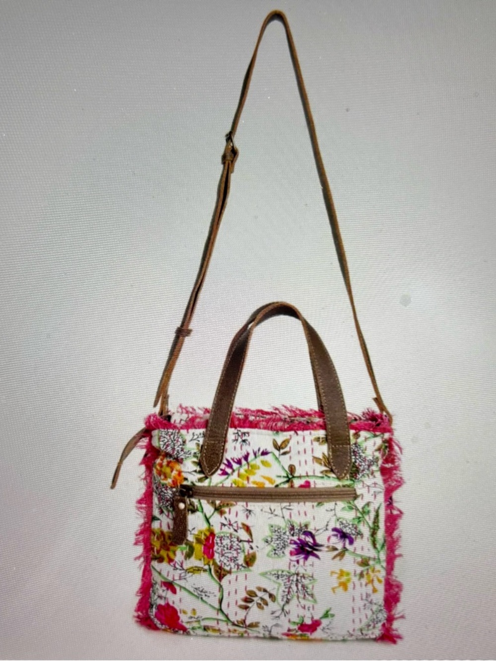 Myra Bag White Floral Crossbody with Pink Fringe and Brown Trim - Picture 3 of 9